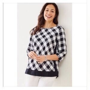 J Jill Linen Black and White Checkered Women's Crew Neck Top